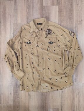 Vintage COOGI Trap & Skeet Duck Print Corduroy Shirt Men XL Beige Hunting